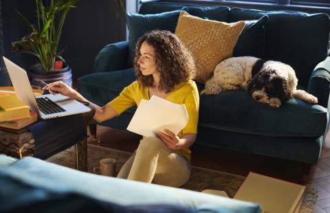 woman sitting in lounge room using laptop